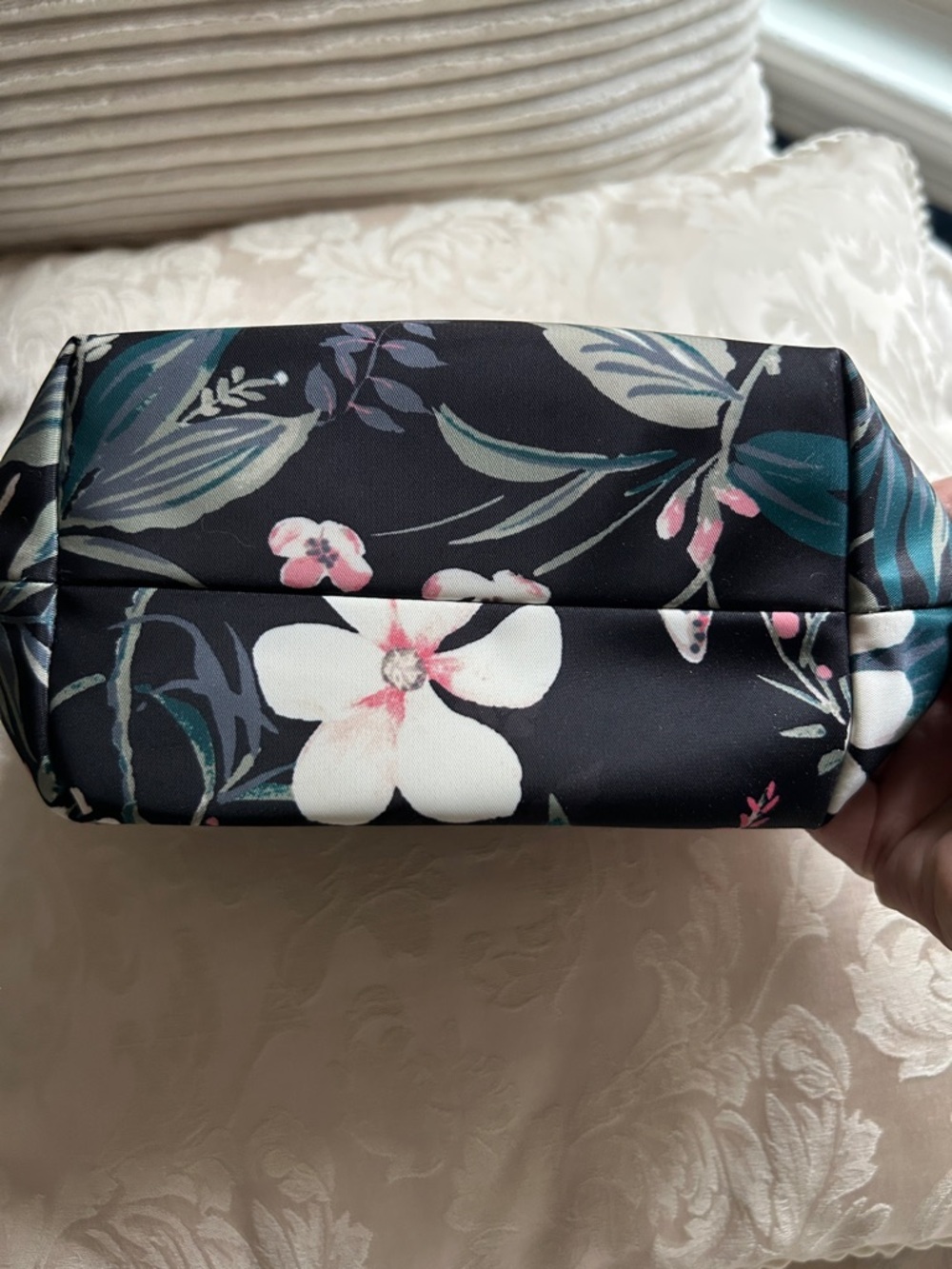 kate spade Black Floral Nylon Cosmetic Travel Pouch with Pink & Cream Blooms - Picture 5 of 6